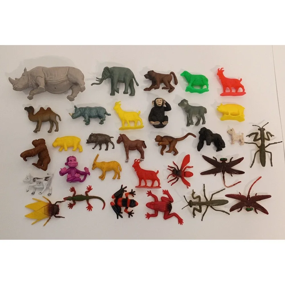 Lot of 30 Miniature Toy Plastic Animal Figures Insects, Farm, Safari Animals